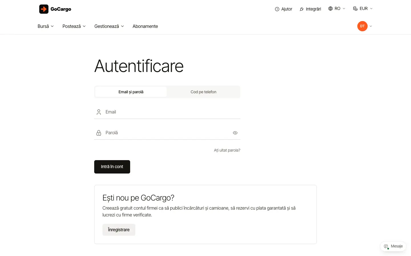 Intrați în cont: Varianta 2: cod pe telefon